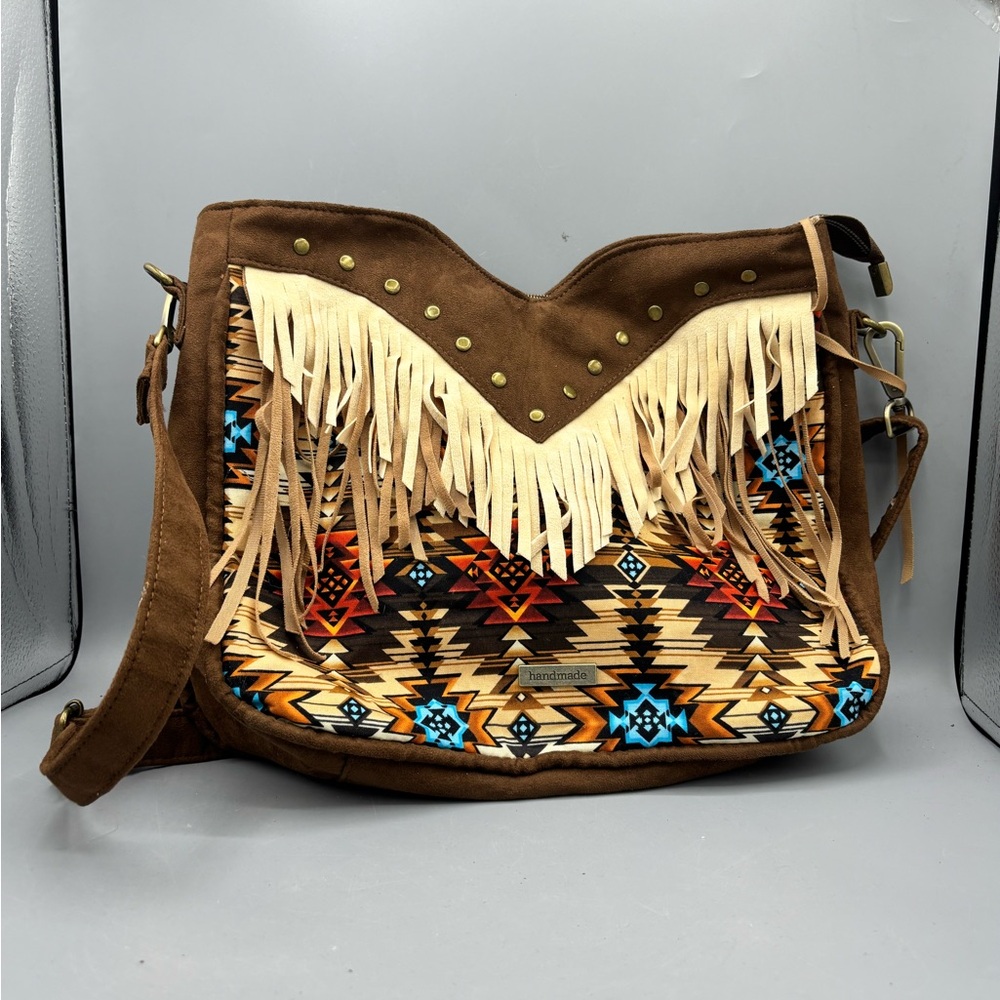 Hand Crafted Brown Crossbody Bag with Fringe and Tribal Design